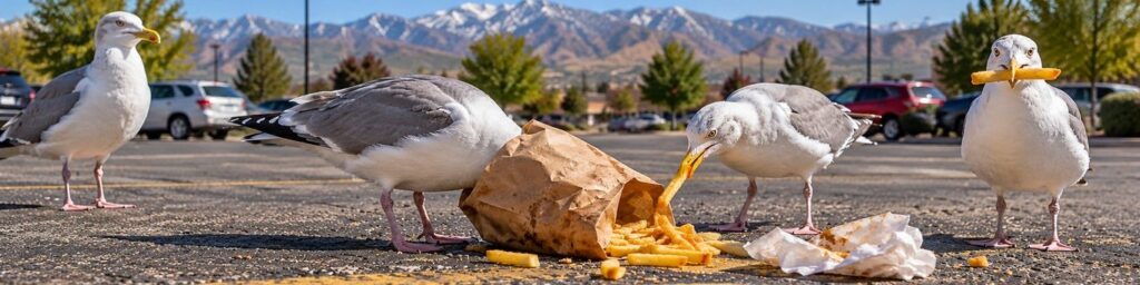 Seagulls eating spilled french fries in a Utah parking lot with the Wasatch mountains behind them